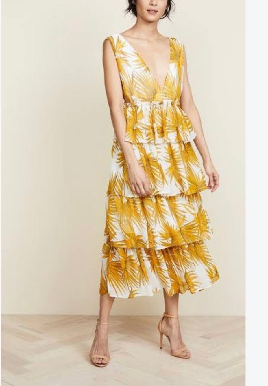 Nightwalker Women's Gold White Tropical Palm Print Tiered V-Neck Midi Dress Sz S